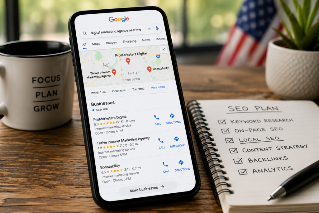 Local SEO in US strategy showing Google Maps business listings on mobile